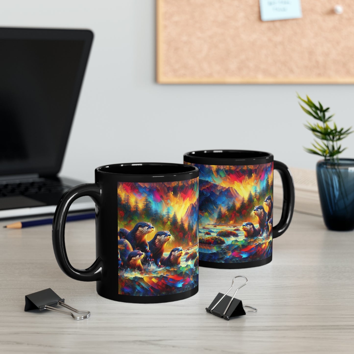 River Otters at Sunset - Black Mugs (11oz, 15oz)