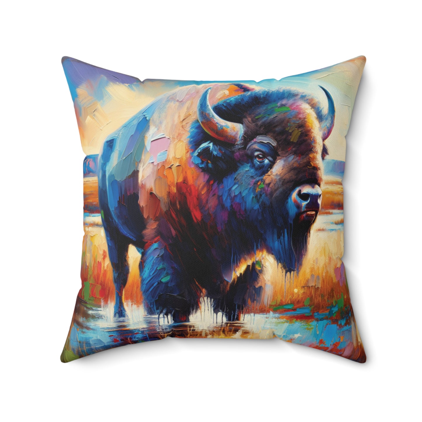 Lone Bison After Rain -  Square Pillows