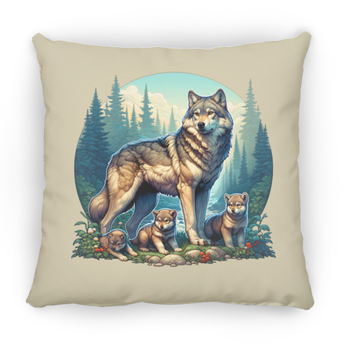 Wolf with 3 Pups - Pillows
