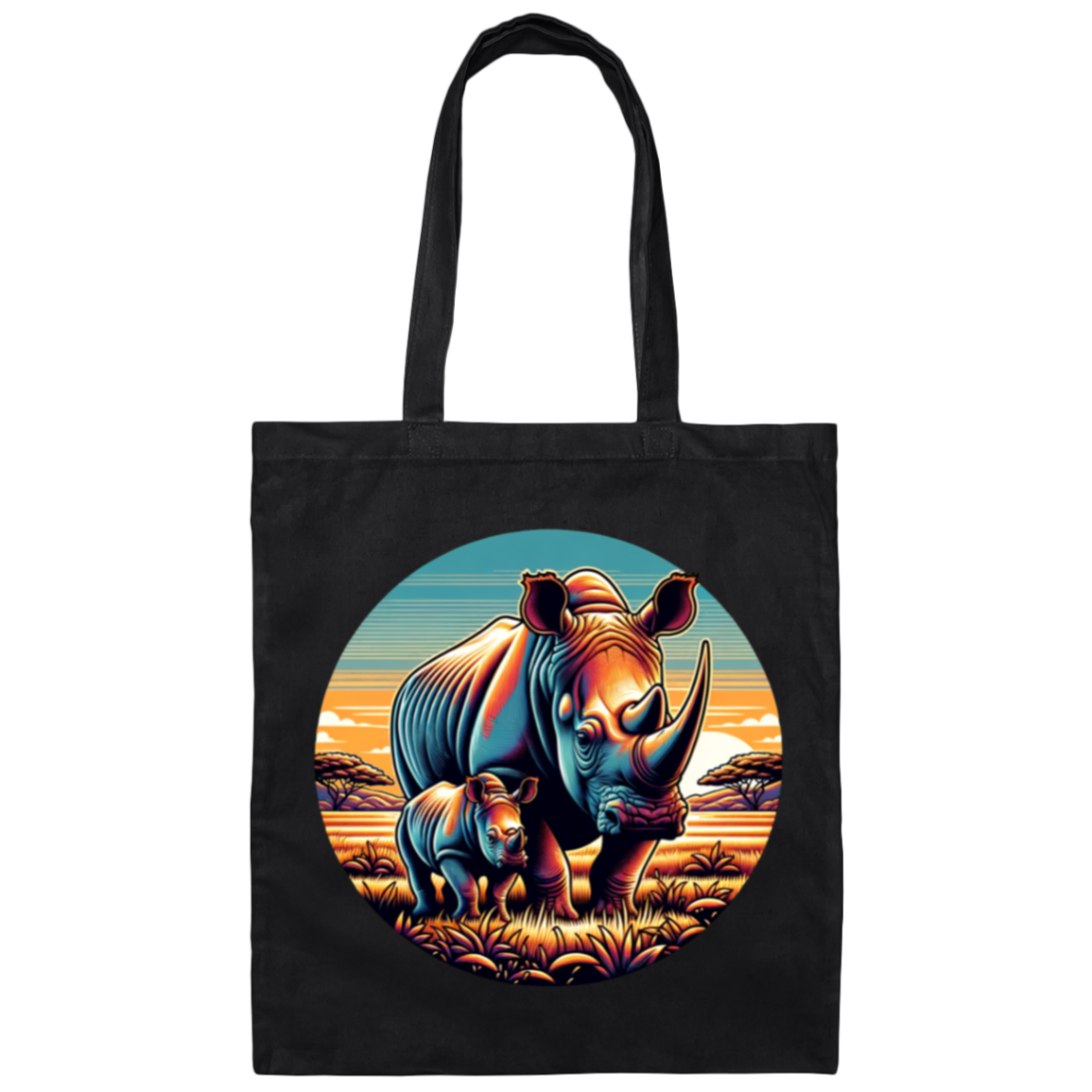 Rhino Mom and Calf Circle Graphic Canvas Tote Bag