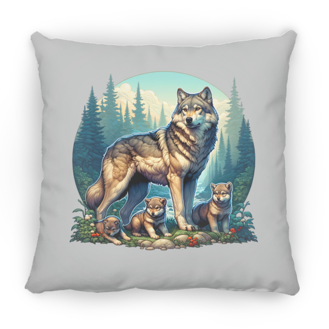 Wolf with 3 Pups - Pillows